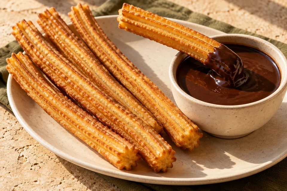 Churros junto a una taza de chocolate oscuro y cremoso