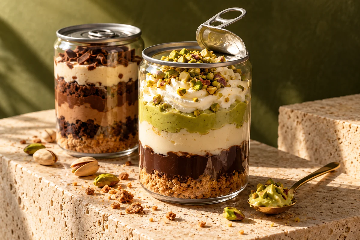Latas transparentes con capas de galleta, chocolate, crema y pistacho