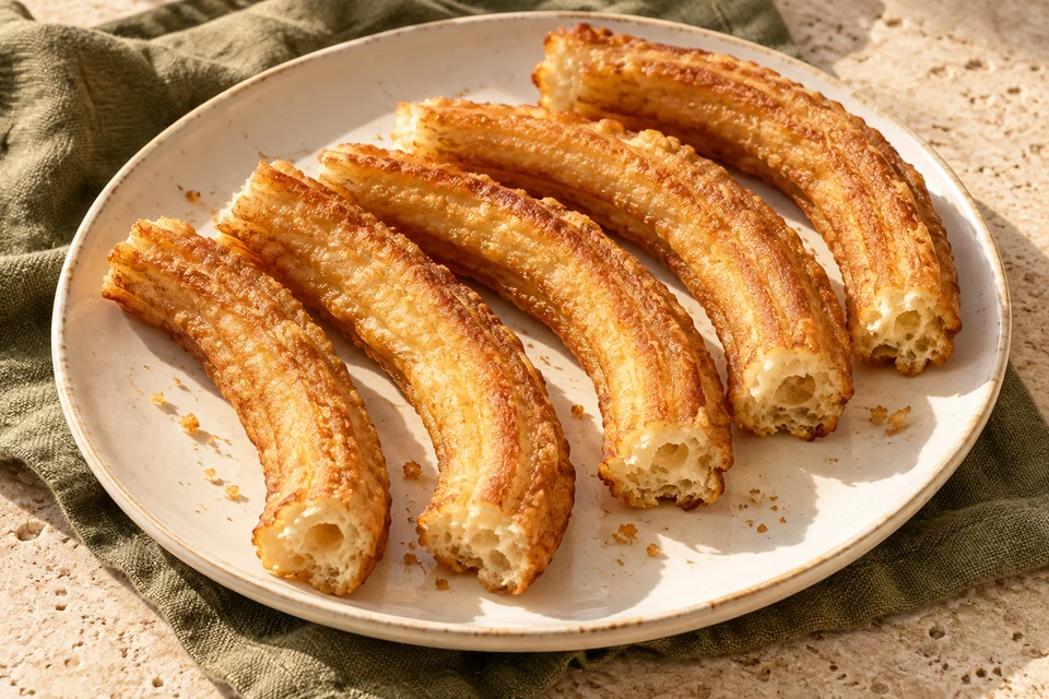 Churros de rueda, en porciones curvas y doradas de interior esponjoso