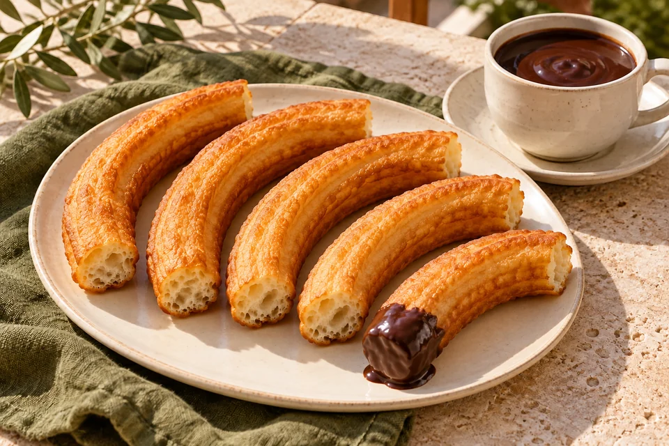 Churros de rueda acompañados de chocolate cremoso